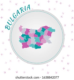 Bulgaria map design. Map of the country with regions in emerald-amethyst color palette. Rounded travel to Bulgaria poster with country name and airplanes background. Amazing vector illustration.