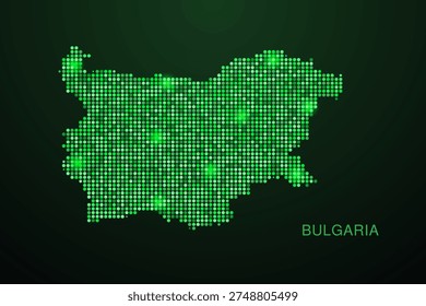 Bulgaria Map - Digital dotted map with glowing green points on dark background, modern technology style, abstract data network design, clean minimal geometric vector illustration.
