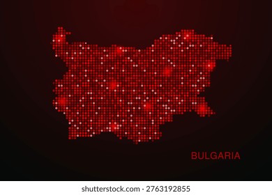 Bulgaria Map - Digital dotted map with glowing red points on dark background, modern technology style, abstract data network design, clean minimal vector illustration.