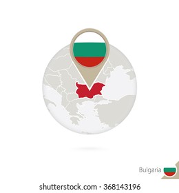 Bulgaria map and flag in circle. Map of Bulgaria, Bulgaria flag pin. Map of Bulgaria in the style of the globe. Vector Illustration.