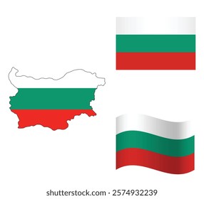 Bulgaria map with flag embeded inside with 2 Bulgaria flags wavy flag and rectangular  flag vector illustration