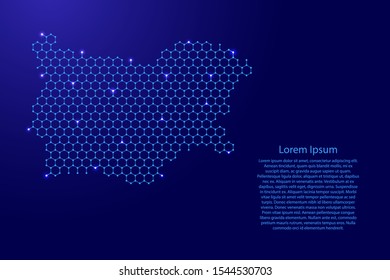 Bulgaria map from futuristic hexagonal shapes, lines, points  blue and glowing stars in nodes, form of honeycomb or molecular structure for banner, poster, greeting card. Vector illustration.