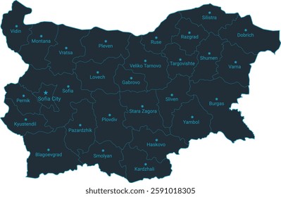 Bulgaria map high detailed with administrative divide by state, capital cities names, outline simplicity style. Vector illustration EPS10.