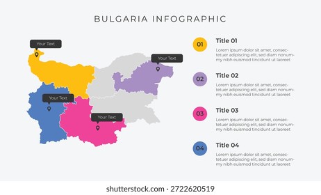 Bulgarien Karte Infografik Vorlage mit 4 Optionen. Bulgarien Verwaltungskarte Infografik für die Präsentation.