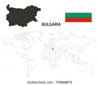 Bulgaria map on a world map with flag on white background.