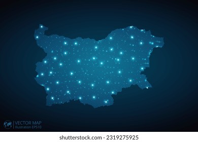 Bulgaria map radial dotted pattern in futuristic style, design blue circle glowing outline made of stars. concept of communication on dark blue background. Vector EPS10