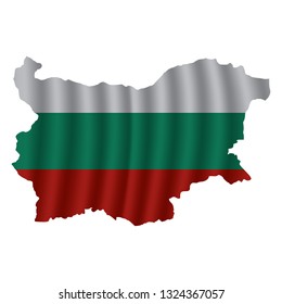 Bulgaria map with rippled flag on white illustration. Waving Fabric Flag Map of Bulgaria. Map of Europe. Vector White Background. Vector illustration eps10.