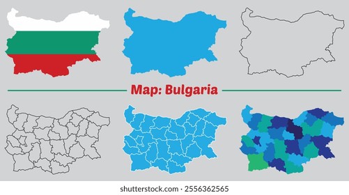 Bulgaria map set. Vector illustration of Bulgaria map with flag.