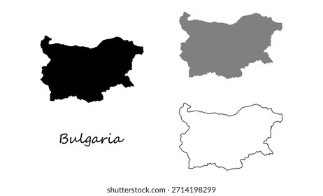 Bulgarien-Kartensatz. Bulgarien-Kartenvektor. Bulgarien Karte auf Silhouette, Grau, und Umriss. Geeignet für Bildung, Infografiken, Reisedesign, Präsentationen und europäische Geografie-Visuals