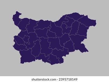 Mapa vectorial de Bulgaria, color azul púrpura aislado en fondo gris.