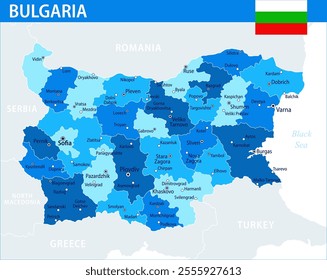 Bulgaria Map Vector Blue Spot - Customizable layered political map of Bulgaria with administrative divisions for website, education, reports, news, politics, print, poster and wallpaper