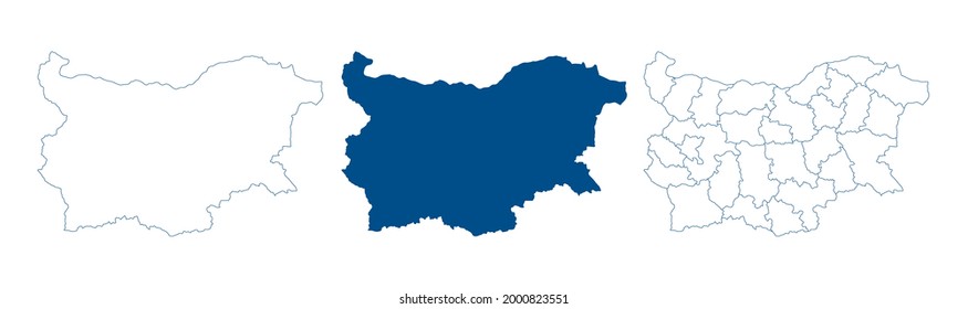 Bulgaria map vector. High detailed vector outline, blue silhouette and administrative divisions map of Bulgaria. All isolated on white background. Template for website, design, cover, infographics