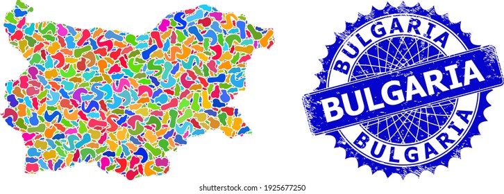 Bulgaria map vector image. Blot mosaic and unclean pattern for Bulgaria map. Sharp rosette blue mark with tag for Bulgaria map. Mosaic vector Bulgaria map is created from random colored spots.