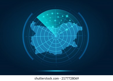 Mapa de Bulgaria - Mapa Mundial Plantilla vectorial internacional con el estilo de radar de círculo futurista HUD, GUI, interfaz de interfaz de usuario aislado en fondo azul para diseño, infografía - Ilustración vectorial eps 10