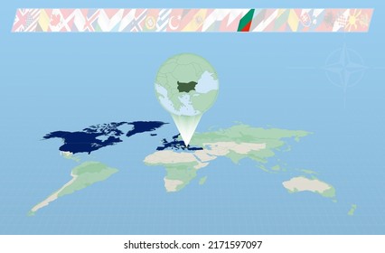 Bulgaria member of North Atlantic Alliance selected on perspective World Map. Flags of 30 members of alliance. Vector illustration.