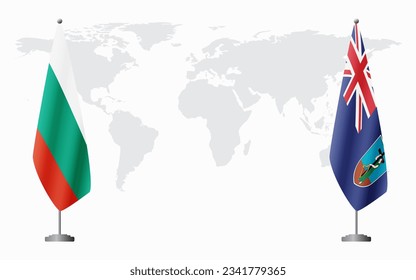Bulgaria and Montserrat flags for official meeting against background of world map.
