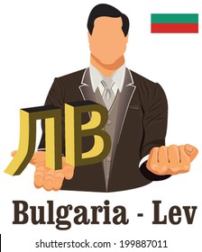 Bulgaria national currency Bulgarian lev symbol representing money and Flag. Vector design concept of businessman in suit with his open hand over with currency isolated on white background in EPS10.