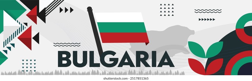 Bulgaria national day banner with Bulgarian flag background and geometric abstract retro modern  design. Bulgaria Sofia map. Vector Illustration.