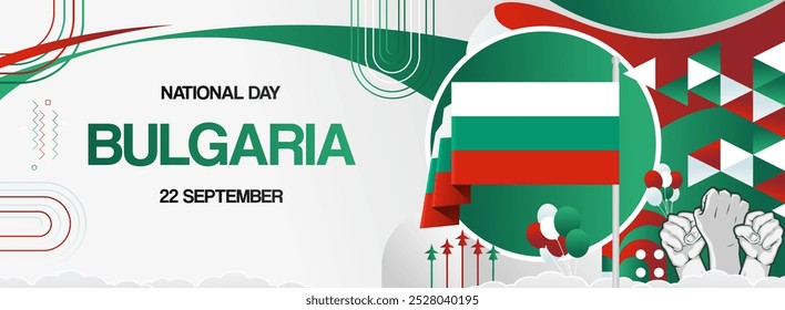 Bulgaria national day festive banner. Vibrant modern design for holiday celebration, greeting card, billboard, sport event backdrops. September 22. Happy Bulgaria Independence Day Background