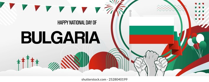 Bulgaria national day festive banner. Vibrant modern design for holiday celebration, greeting card, billboard, sport event backdrops. September 22. Happy Bulgaria Independence Day Background