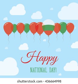 Bulgaria National Day Flat Patriotic Poster. Row of Balloons in Colors of the Bulgarian flag. Happy National Day Bulgaria Card with Flags, Balloons, Clouds and Sky.