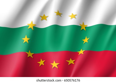 Bulgaria national flag with a circle of European Union twelve gold stars, symbol of unity with EU, member since 1 January 2007. Realistic vector style illustration