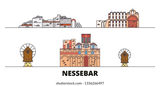 Bulgaria, Nessebar flat landmarks vector illustration. Bulgaria, Nessebar line city with famous travel sights, skyline, design. 