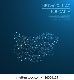 Bulgaria network map. Abstract polygonal Bulgaria network map design with glowing dots and lines. Map of Bulgaria networks. Vector illustration.