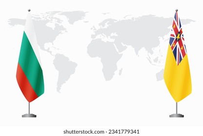 Bulgaria and Niue flags for official meeting against background of world map.