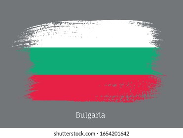 Bulgaria official flag in shape of paintbrush stroke. Bulgarian national identity symbol. Grunge brush blot object isolated on gray background vector illustration. Bulgaria country patriotic stamp.