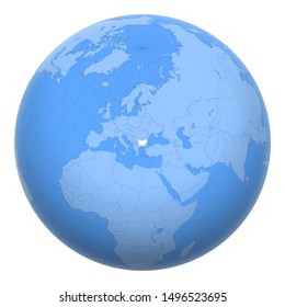 Bulgaria on the globe. Earth centered at the location of the Republic of Bulgaria. Map of Bulgaria. Includes layer with capital cities.