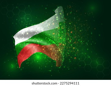 Bulgaria, on vector 3d flag on green background with polygons and data numbers