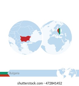 Bulgaria on world globe with flag and regional map of Bulgaria. Vector Illustration.