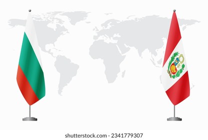 Bulgaria and Peru flags for official meeting against background of world map.