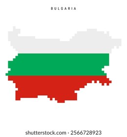 Bulgaria pixel flag map icon. 8 bit pixel art Bulgarian map covered with flag. Flat vector illustration isolated on white background.