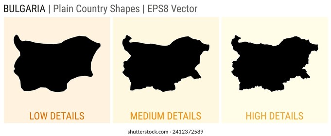 Bulgaria - plain country shape. Low, medium, and high detailed maps of Bulgaria. EPS8 Vector illustration.