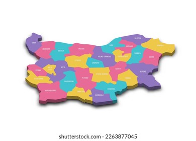 Bulgaria political map of administrative divisions - provinces and regions. Colorful 3D vector map with dropped shadow and country name labels.