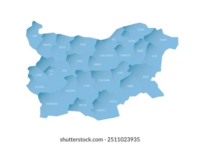 Bulgária mapa político de divisões administrativas - províncias e regiões. Mapa de vetor sombreado com gradiente azul semelhante a 3D e rótulos de nome