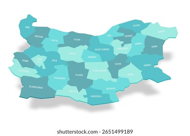 Bulgária mapa político de divisões administrativas - províncias e regiões. Mapa de vetor turquesa 3D com rótulos de nome.
