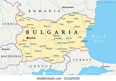 Bulgaria Political Map - Political map of Bulgaria with the capital Sofia, national borders, most important cities, rivers and lakes. Vector illustration with english labeling and scale.