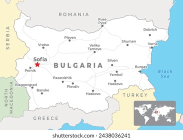 Bulgarien Politische Karte mit der Hauptstadt Sofia, den wichtigsten Städten und nationalen Grenzen