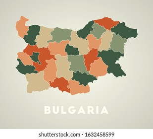 Bulgaria poster in retro style. Map of the country with regions in autumn color palette. Shape of Bulgaria with country name. Amazing vector illustration.