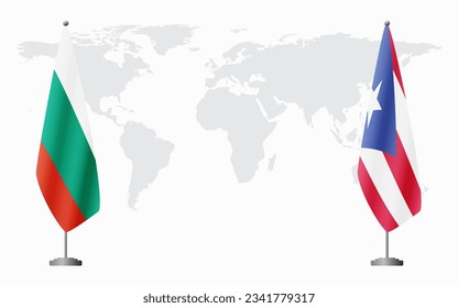 Bulgaria and Puerto Rico flags for official meeting against background of world map.