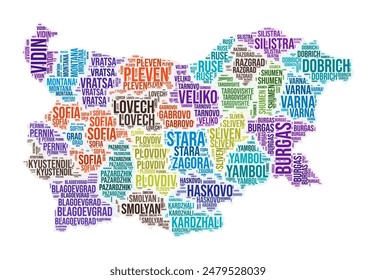 Bulgaria region word cloud. Country shape design. Bulgaria colored illustration. Region names collage cloud. Vector illustration.