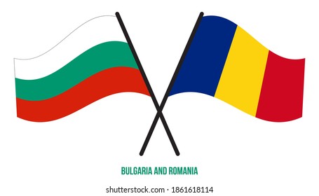 Bulgaria and Romania Flags Crossed And Waving Flat Style. Official Proportion. Correct Colors.