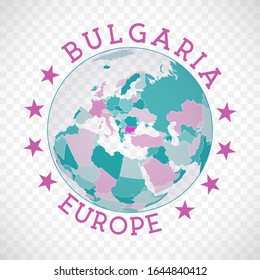 Bulgaria round logo. Badge of country with map of Bulgaria in world context. Country sticker stamp with globe map and round text. Neat vector illustration.