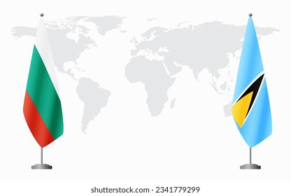 Bulgaria y Santa Lucía banderas para una reunión oficial contra el fondo del mapa mundial.