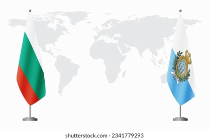 Bulgaria and San Marino flags for official meeting against background of world map.