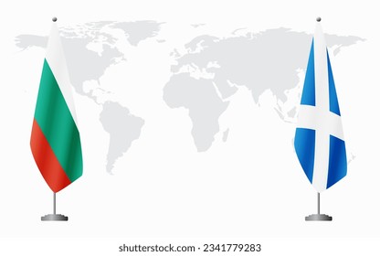 Bulgaria and Scotland flags for official meeting against background of world map.