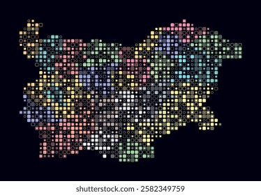 Bulgaria, shape of the country build of colored cells. Digital style map of the Bulgaria on dark background. Small size rounded square blocks. Stylish vector illustration.